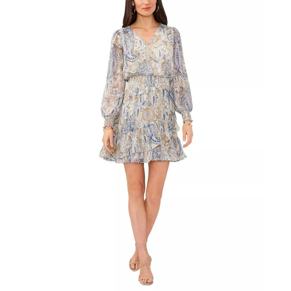 NWT Vince Camuto Parsley Print Ruffle Hem Smocked-Waist Long Sleeve Mini Dress